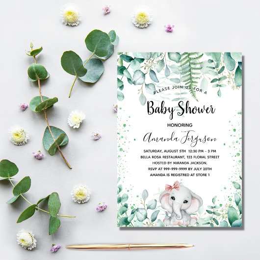 Invitation Baby shower éléphant eucalyptus fille verte
