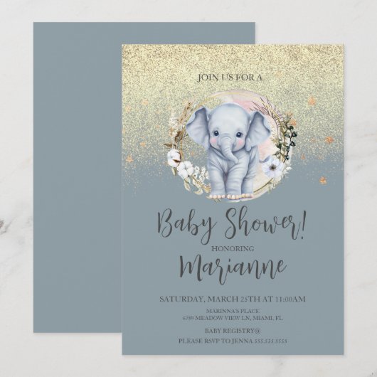 Invitation Baby shower éléphant Faux Gold Parties scintillant (Devant / Derrière)