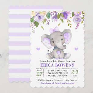 Invitation Baby Shower éléphant fille aquarelle violet clair