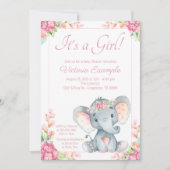 Invitation Baby shower Eléphant fille mignonne (Devant)