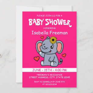 Invitation Baby shower Eléphant Fille Rose Cute