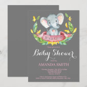 Invitation Baby shower Eléphant fille rose et gris (Devant / Derrière)