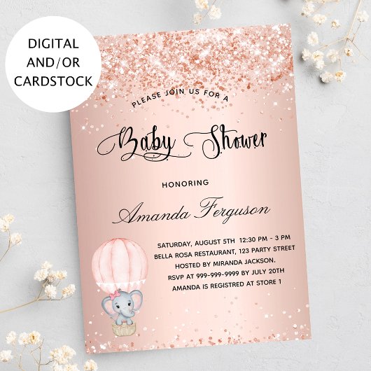 Invitation Baby shower éléphant fille rose montgolfière