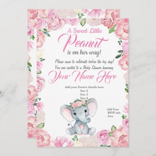 Invitation Baby shower Eléphant fille rose rose (Devant / Derrière)