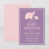 Invitation Baby shower éléphant fille - rose viole (Devant / Derrière)