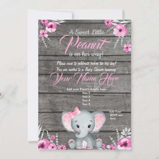 Invitation Baby shower Eléphant fille, rustique, r (Devant)
