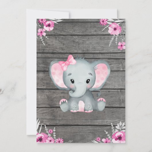 Invitation Baby shower Eléphant fille, rustique, r (Dos)