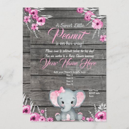 Invitation Baby shower Eléphant fille, rustique, r (Devant / Derrière)