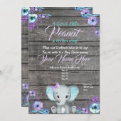 Invitation Baby shower Eléphant fille, rustique, t (Devant / Derrière)