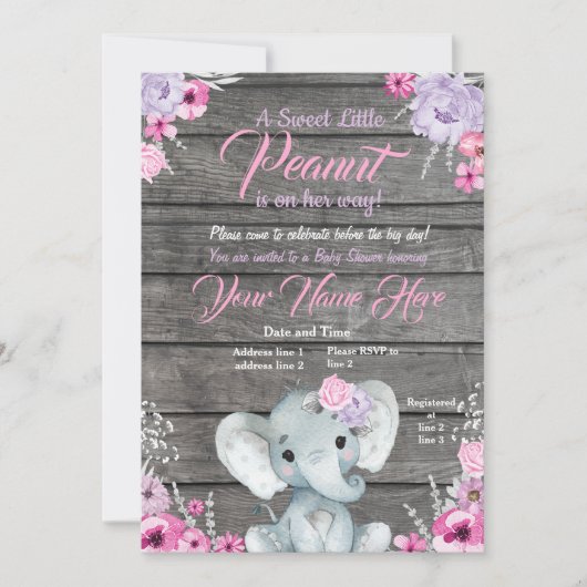 Invitation Baby shower Eléphant fille, rustique, violet rose (Devant)