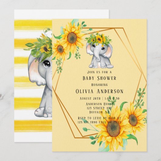 Invitation Baby shower Eléphant Fille Tournesol Chic (Devant / Derrière)