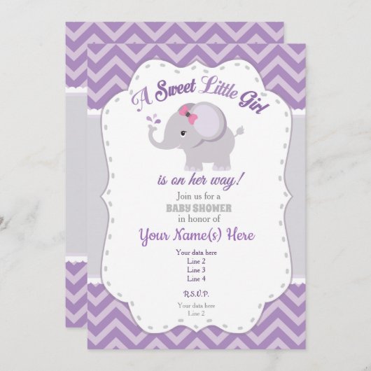 Invitation Baby shower éléphant, Fille, Violet, Gr (Devant / Derrière)