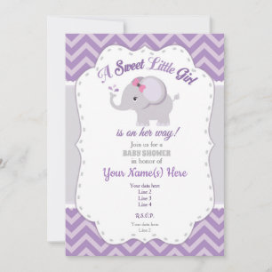 Invitation Baby shower éléphant, Fille, Violet, Gr