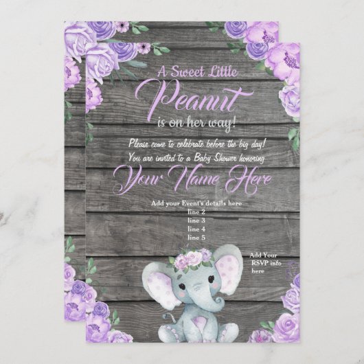 Invitation Baby shower Eléphant fille violet rusti (Devant / Derrière)