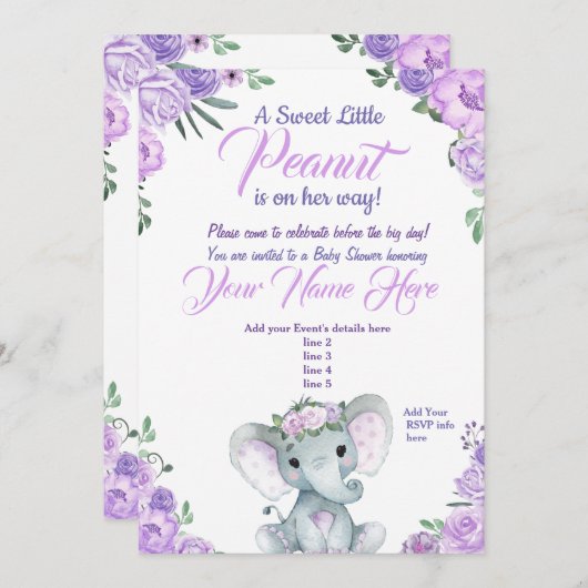 Invitation Baby shower Eléphant fille violet rusti (Devant / Derrière)