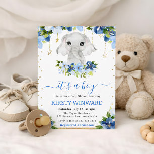 Invitation Baby Shower Éléphant Floral Aquarelle Garçon