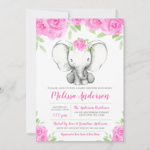 Invitation Baby Shower éléphant floral aquarelle rose