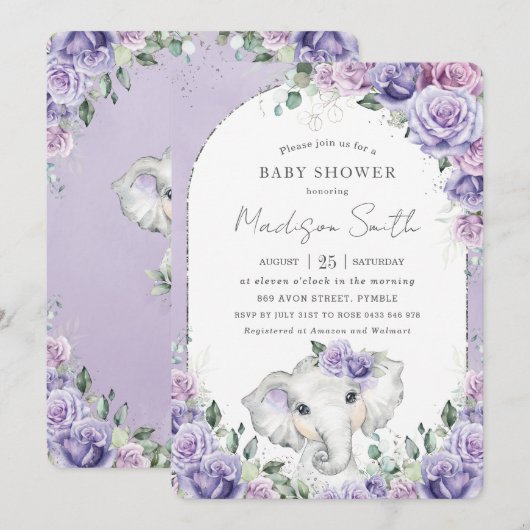 Invitation Baby shower Eléphant Floral Chic Lilac (Devant / Derrière)