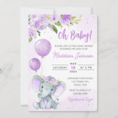 Invitation Baby shower Eléphant Floral Violet (Devant)