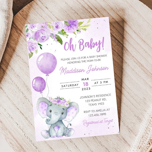 Invitation Baby shower Eléphant Floral Violet