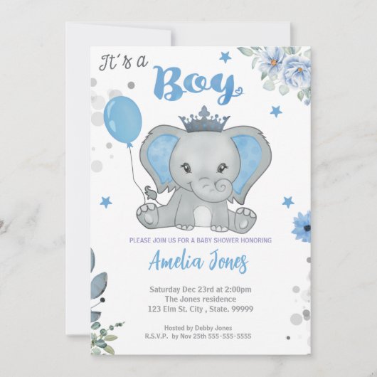 Invitation Baby shower éléphant garçon (Devant)