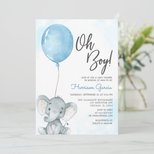 Invitation Baby Shower Éléphant Garçon Ballon Bleu (Debout devant)
