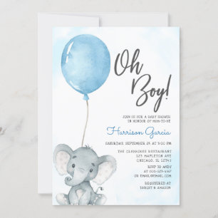 Invitation Baby Shower Éléphant Garçon Ballon Bleu