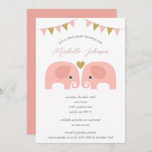 Invitation Baby shower Eléphant Girl Twins (Devant / Derrière)