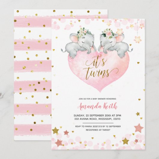 Invitation Baby shower Elephant Girl Twins (Devant / Derrière)