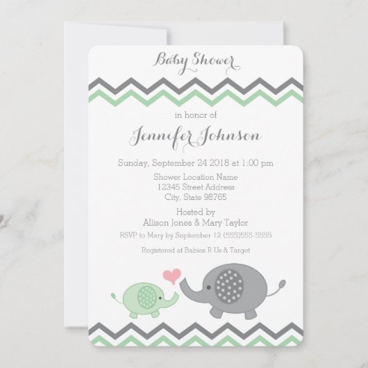 Invitation Baby shower éléphant | Green Grey Chevr (Devant)