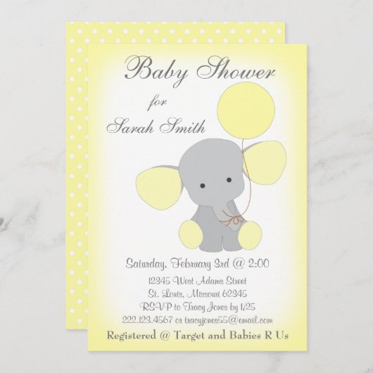Invitation Baby shower éléphant gris jaune (Devant / Derrière)