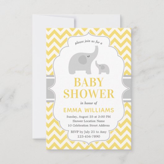Invitation Baby shower Eléphant gris jaune mou moderne (Devant)