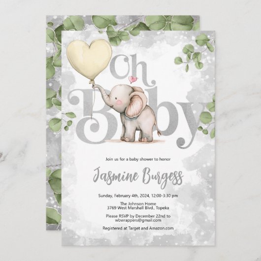 Invitation Baby shower éléphant - Jaune (Devant / Derrière)