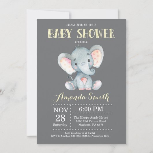 Invitation Baby shower éléphant Jaune et gris (Devant)