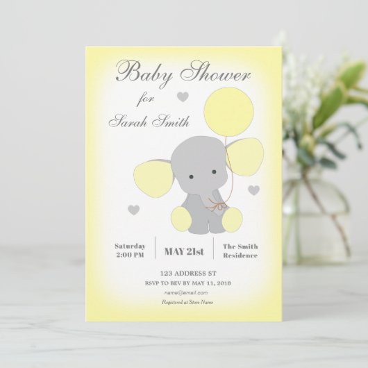 Invitation Baby shower éléphant Jaune Neutre (Debout devant)