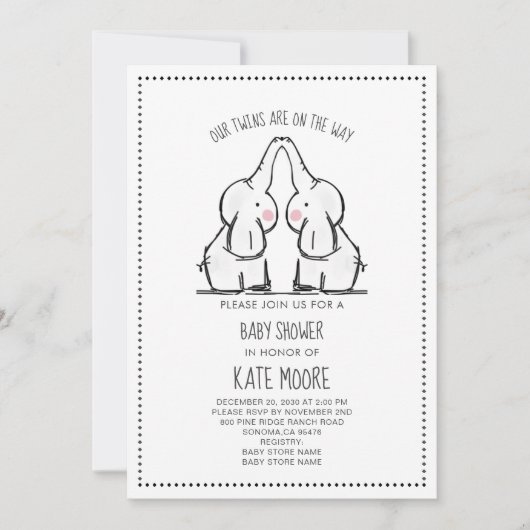 Invitation Baby shower Eléphant Jumeaux (Devant)
