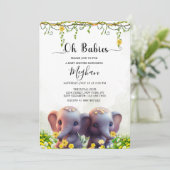 Invitation Baby shower Eléphant Jumeaux Flore Vert (Debout devant)
