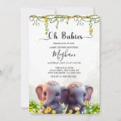 Invitation Baby shower Eléphant Jumeaux Flore Vert (Devant)
