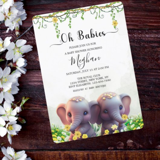Invitation Baby shower Eléphant Jumeaux Flore Vert