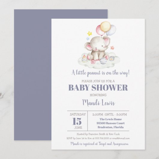 Invitation Baby shower Elephant Little Peanut Boy (Devant / Derrière)