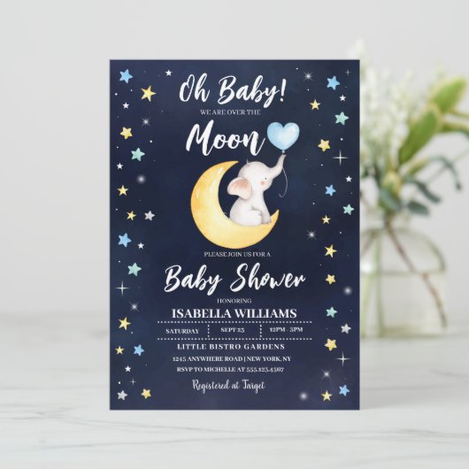 Invitation Baby shower Eléphant Lune (Debout devant)