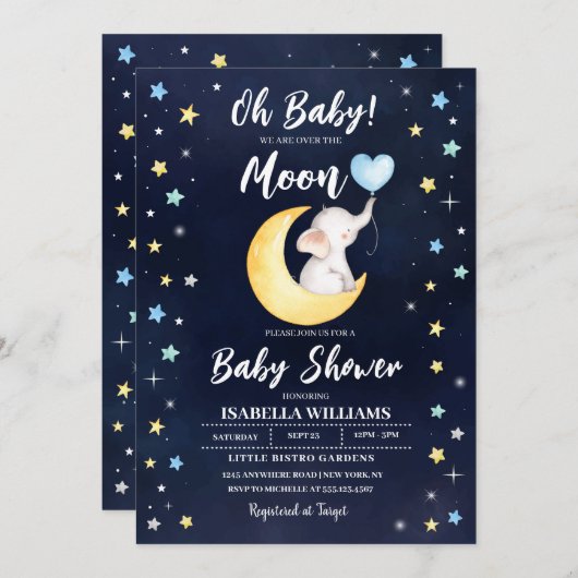 Invitation Baby shower Eléphant Lune (Devant / Derrière)