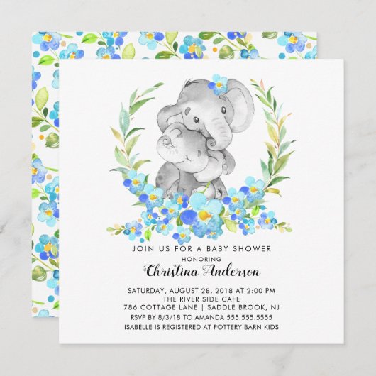 Invitation Baby shower Elephant Maman & Baby (Devant / Derrière)