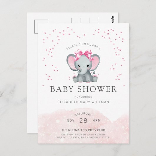 Invitation Baby shower Eléphant mignon (Devant / Derrière)