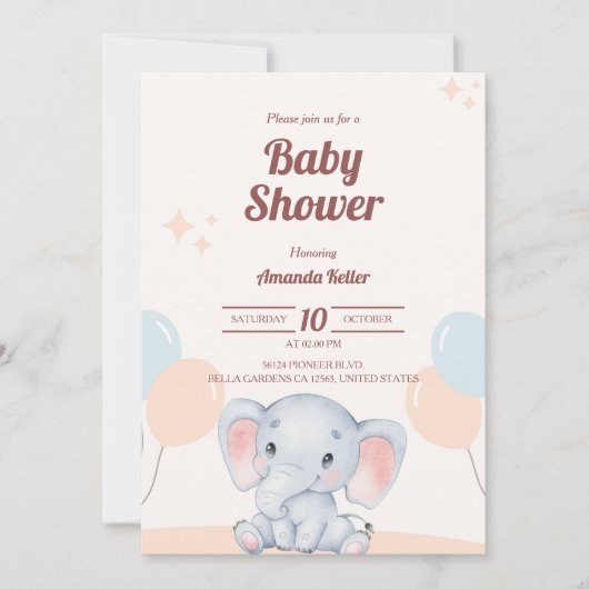 Invitation Baby shower Eléphant mignon (Devant)
