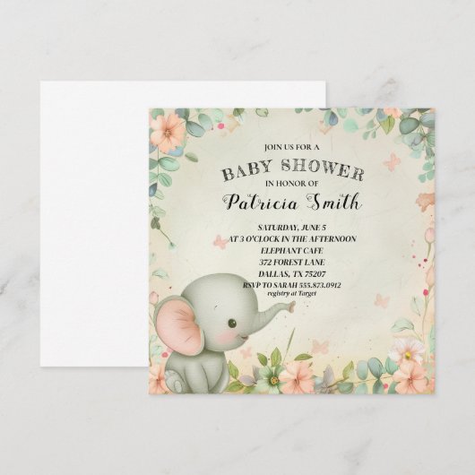 Invitation Baby shower Eléphant mignon (Devant / Derrière)