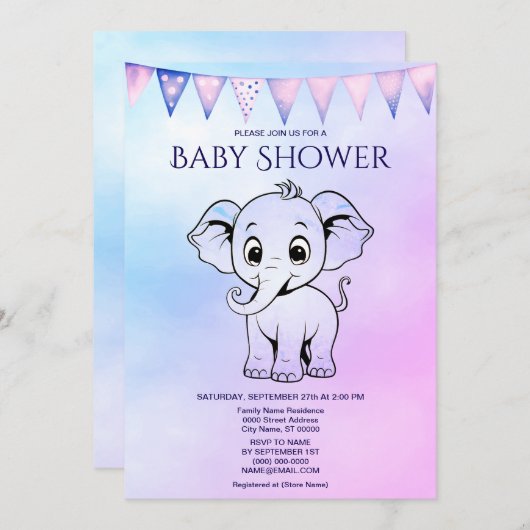 Invitation Baby shower Eléphant mignon (Devant / Derrière)