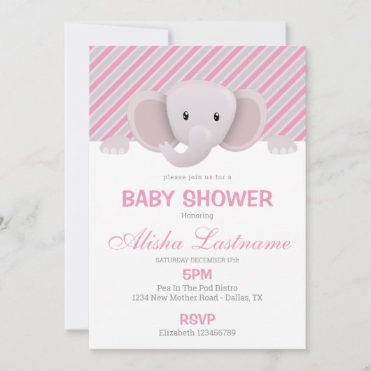 Invitation Baby shower Eléphant mignon (Devant)