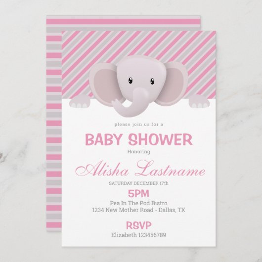 Invitation Baby shower Eléphant mignon (Devant / Derrière)