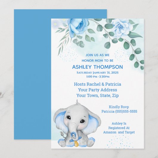 Invitation Baby shower Eléphant mignon Garçon bleu Floral (Devant / Derrière)